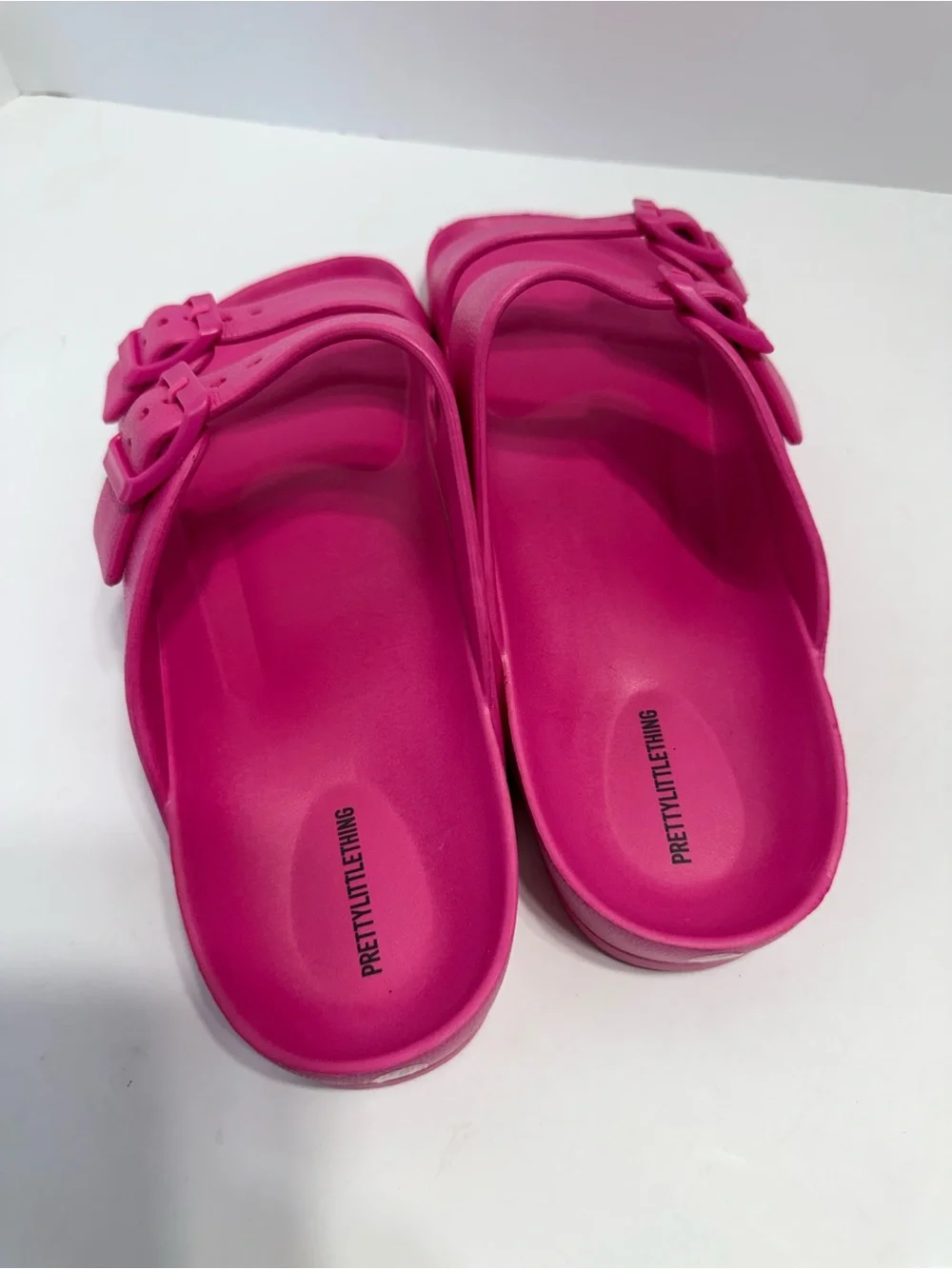 PrettyLittleThing Hot Pink Dual Strap Slide Wide Sandals, Easy To Live In.